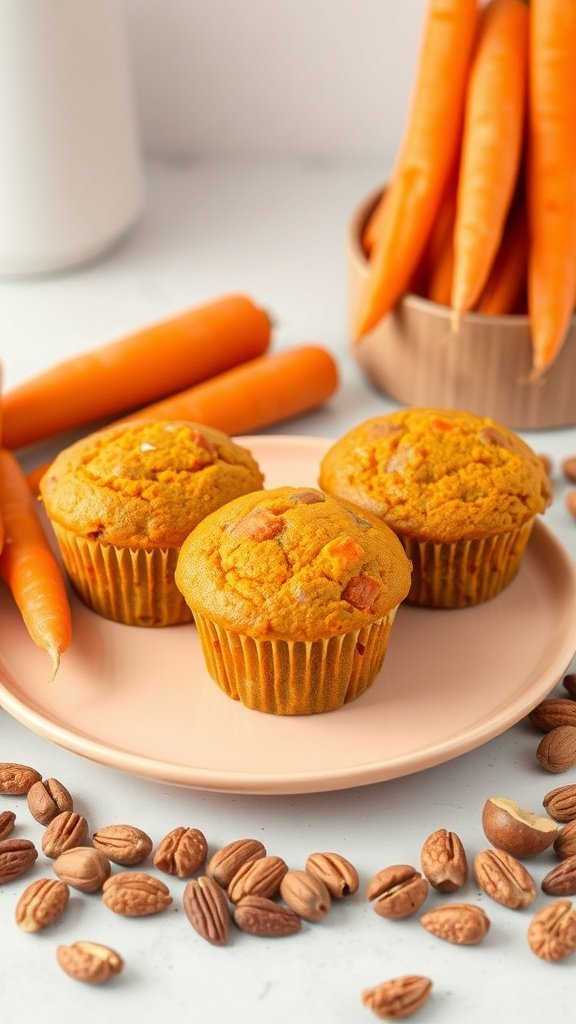 Healthy vegan carrot cake muffins on a plate with fresh carrots and pecans