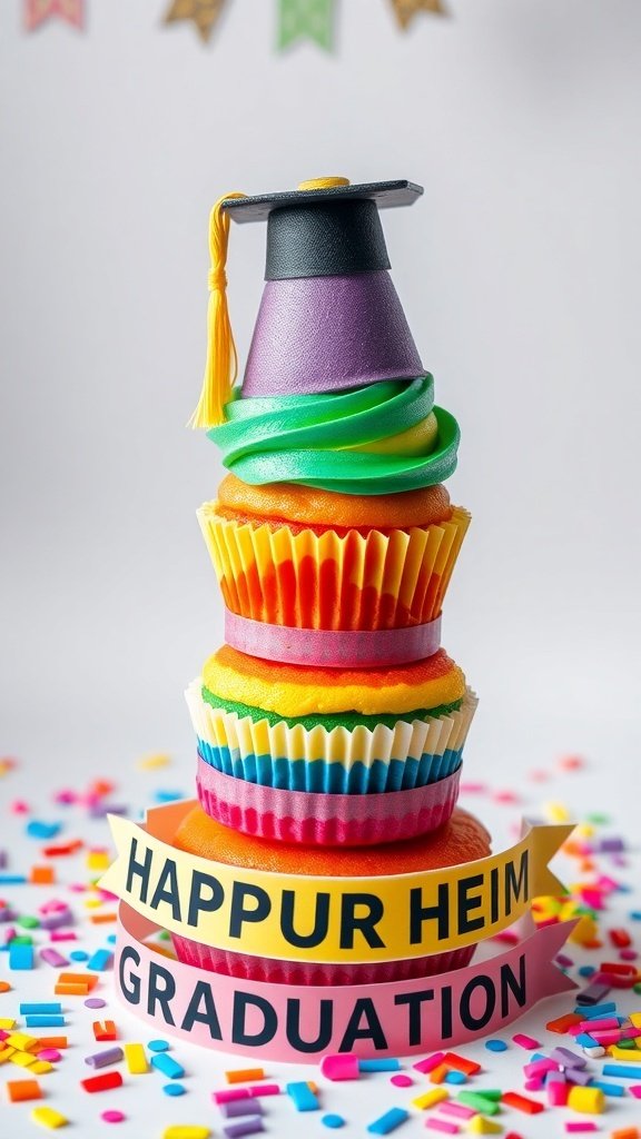 Colorful rainbow graduation cupcakes stacked with a graduation cap on top