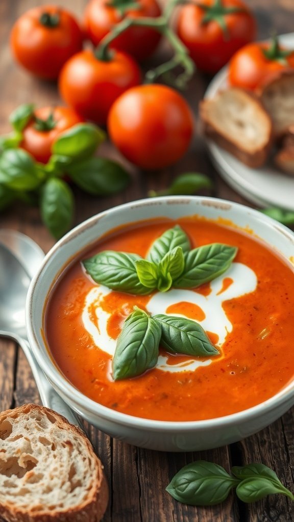 A bowl of zesty tomato basil soup garnished with basil leaves, surrounded by fresh tomatoes and slices of bread.