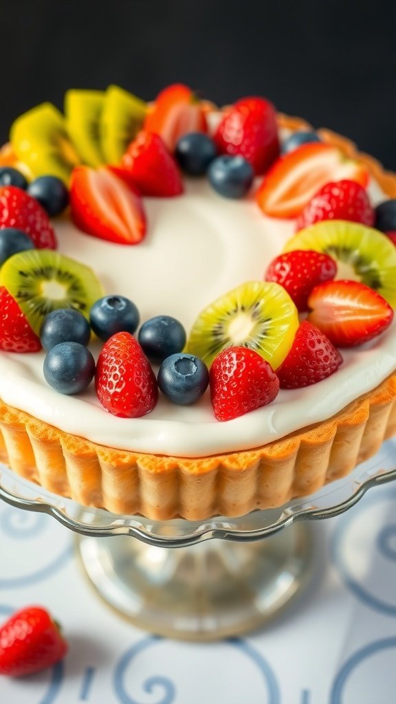 A colorful fruit tart topped with strawberries, blueberries, and kiwi on a glass cake stand.