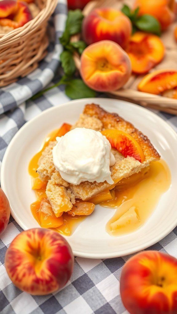 A slice of peach cobbler topped with whipped cream, surrounded by fresh peaches.