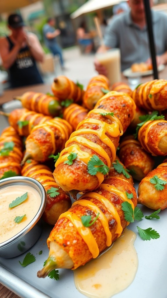 A tray of cheesy jalapeño poppers drizzled with cheese sauce and garnished with cilantro.