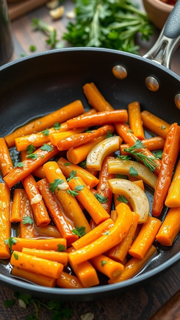 Sautéed rainbow carrots with garlic and herbs in a skillet