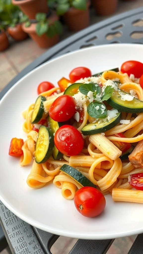 A plate of pasta with cherry tomatoes and zucchini, garnished with herbs.