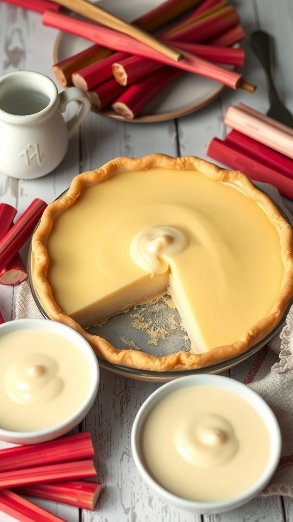 A rhubarb custard pie with a slice cut out, surrounded by fresh rhubarb stalks.