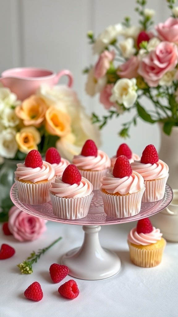 A plate of raspberry almond cupcakes decorated with fresh raspberries and surrounded by flowers.