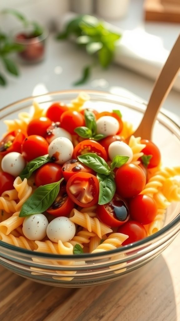A bowl of Caprese Pasta Salad with cherry tomatoes, mozzarella balls, and fresh basil.