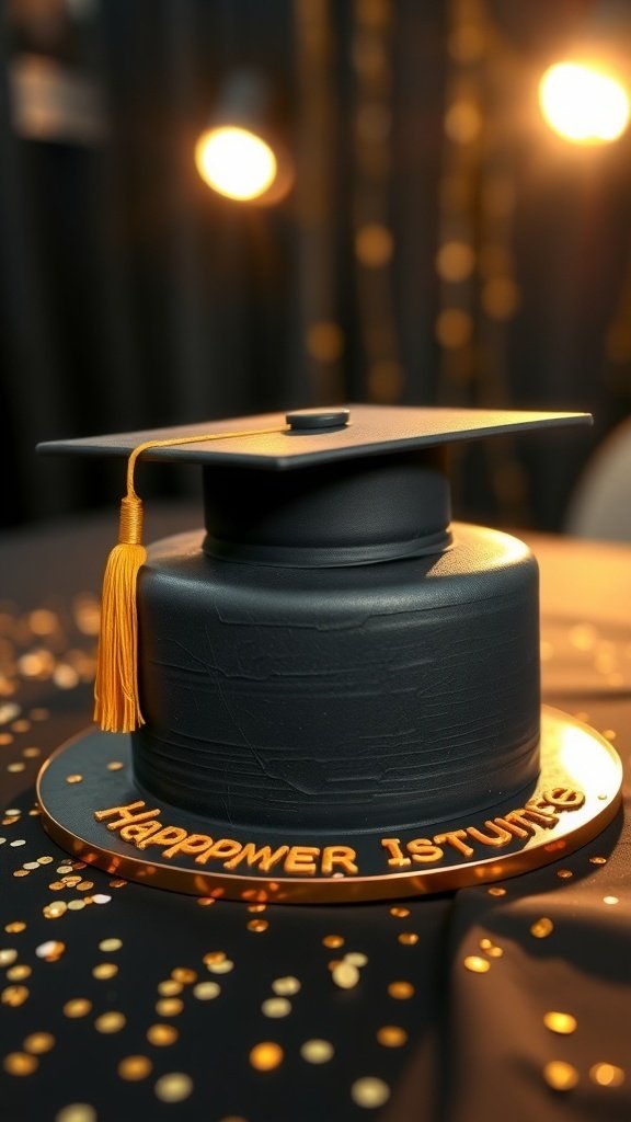 A whimsical graduation cap cake design featuring a black cake with a golden tassel and celebratory message.