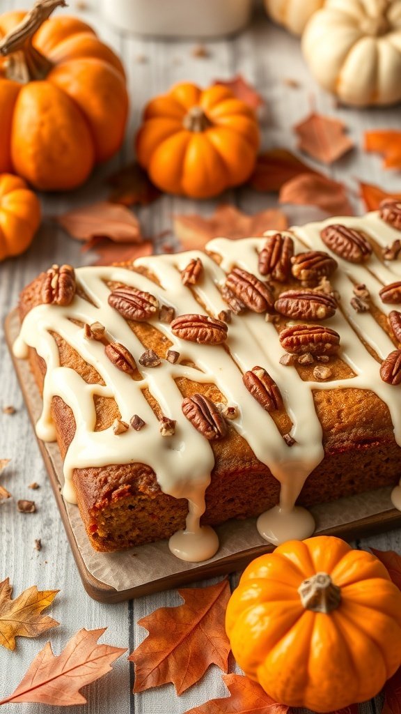 A festive pumpkin spice sheet cake topped with cream cheese glaze and pecans, surrounded by small pumpkins and autumn leaves.