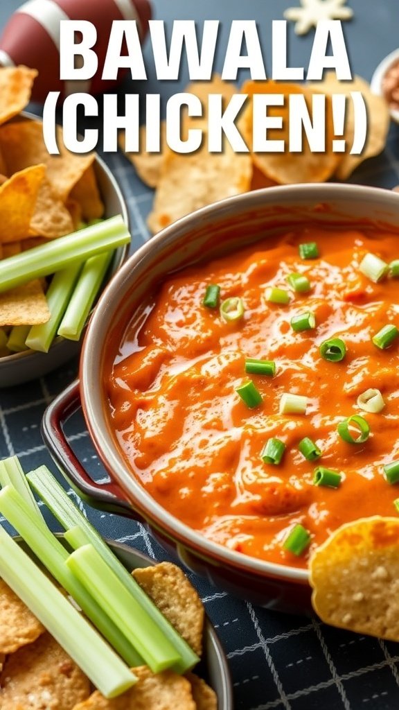 A bowl of buffalo chicken dip surrounded by tortilla chips and celery sticks, perfect for game day.