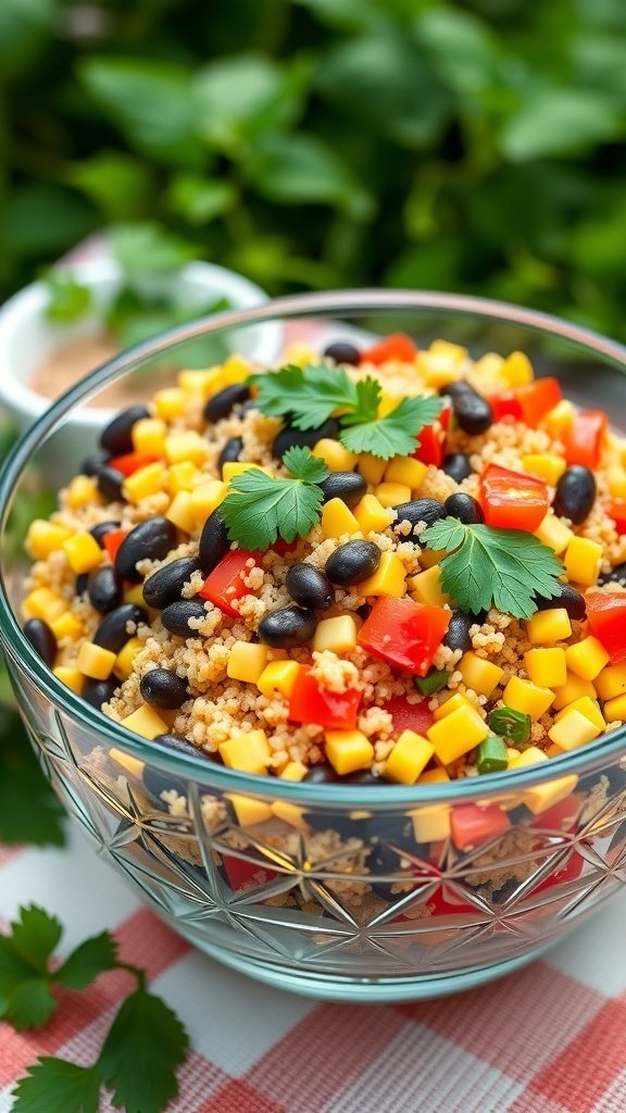 A colorful quinoa salad with roasted corn, black beans, diced mango, and red bell pepper, garnished with fresh cilantro.