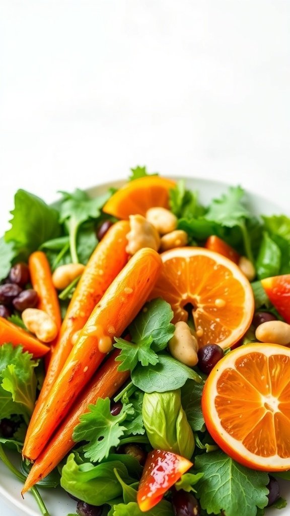 A vibrant salad featuring baby carrots, orange slices, and mixed greens.