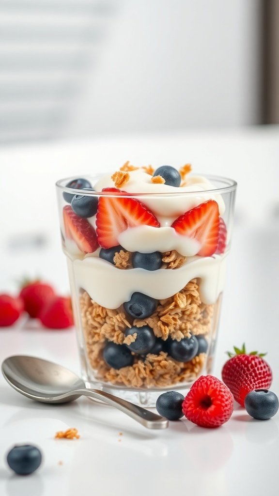 A delicious yogurt parfait with layers of yogurt, granola, and fresh berries.