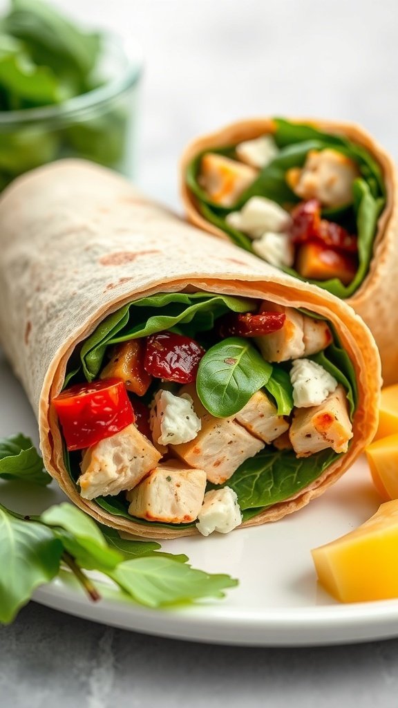 A delicious wrap filled with spinach, chicken, sun-dried tomatoes, and feta cheese, served on a plate.