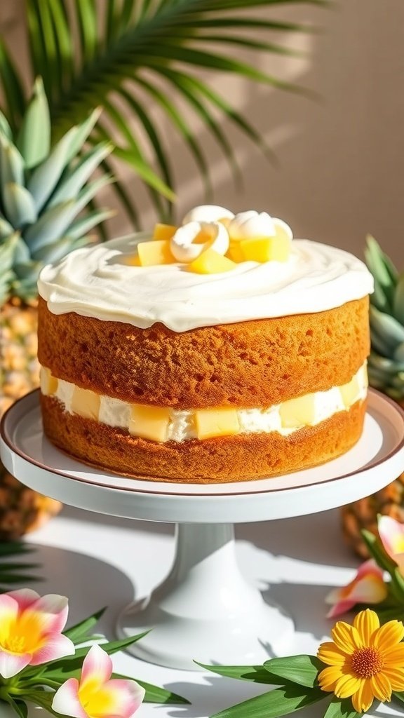 A beautifully layered carrot cake cheesecake topped with pineapple and cream, surrounded by tropical decorations.