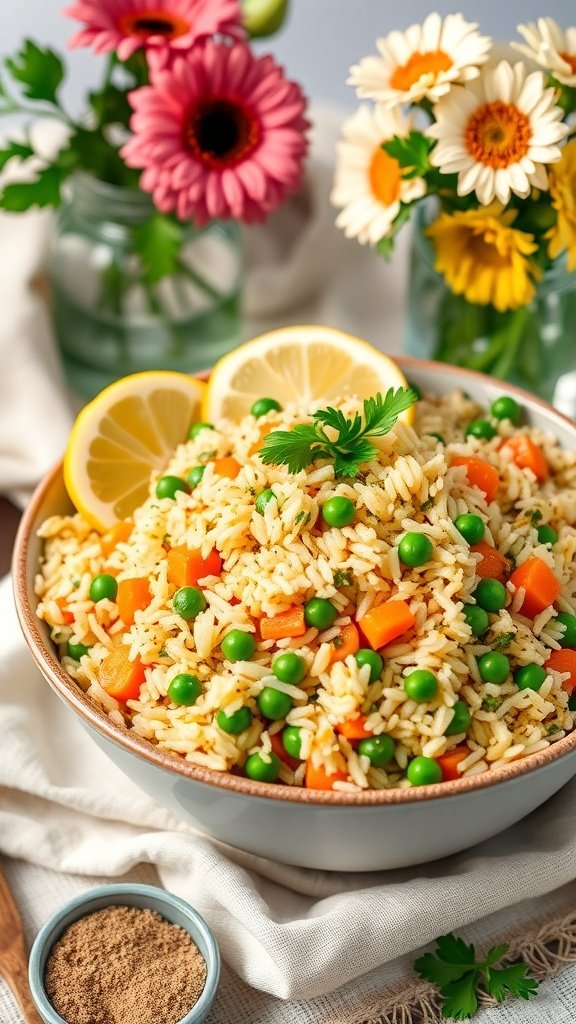 A bowl of colorful vegetable rice with peas and carrots, garnished with lemon and cilantro