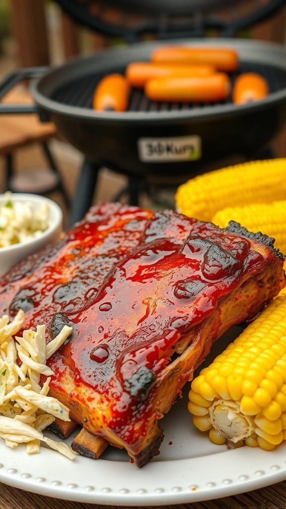 Delicious BBQ ribs glazed with sauce, served with corn and coleslaw on a plate.