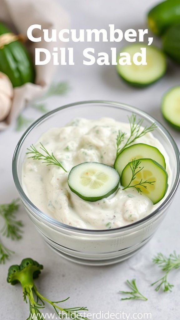 A bowl of creamy cucumber dill salad garnished with cucumber slices and dill.