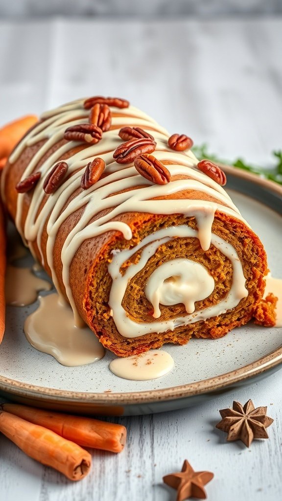 A spiced carrot cake roll drizzled with maple glaze and topped with pecans, served on a plate with fresh carrots and spices.