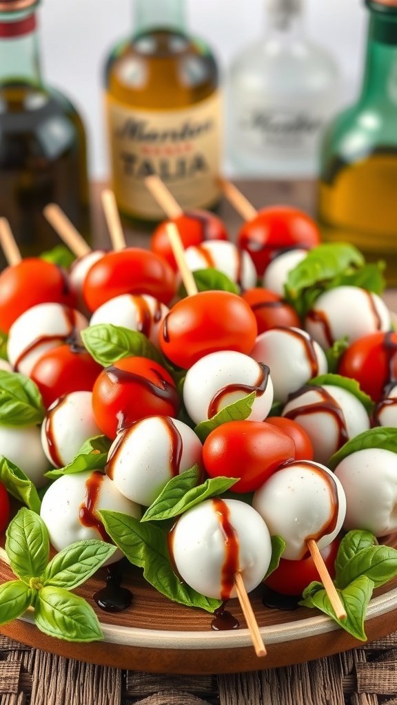 A plate of colorful Caprese skewers with cherry tomatoes, mozzarella balls, and fresh basil, drizzled with balsamic glaze.