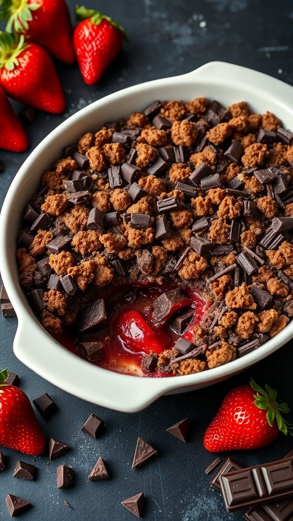 A chocolate strawberry rhubarb crisp in a white baking dish with fresh strawberries around it.