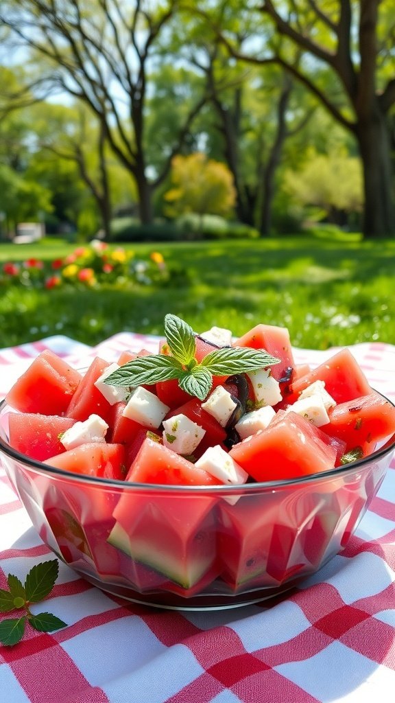 A bowl of watermelon feta salad with mint leaves on a checkered tablecloth in a sunny outdoor setting.