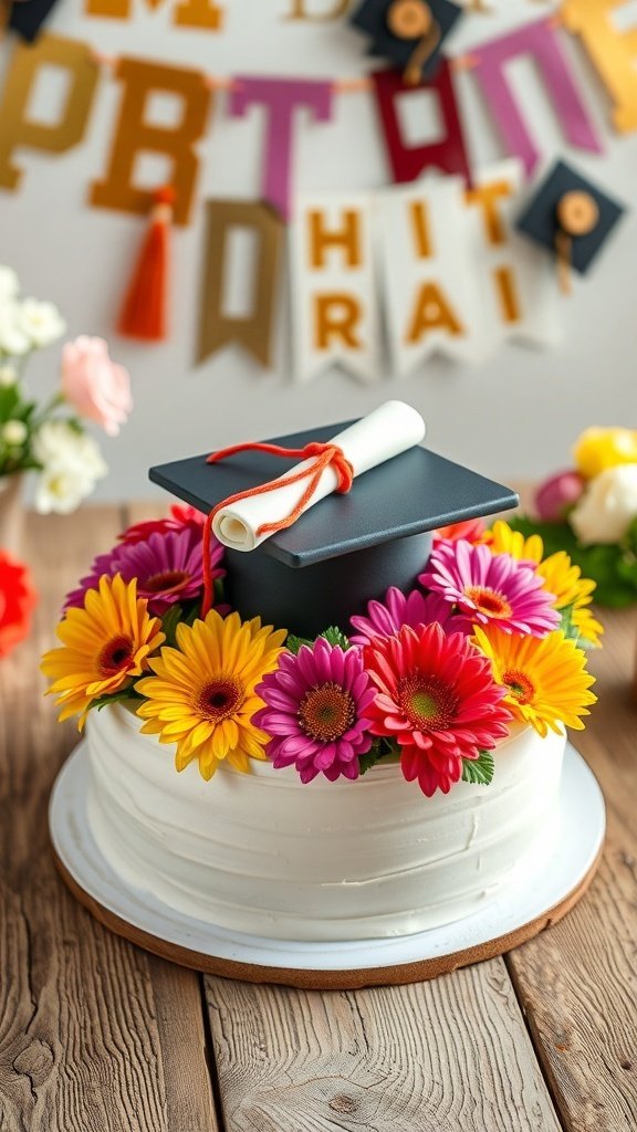 A graduation cake decorated with flowers and a graduation cap.