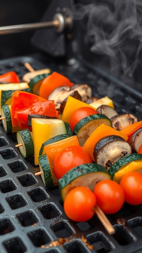 Colorful grilled vegetable skewers on a grill, featuring zucchini, bell peppers, cherry tomatoes, and mushrooms.