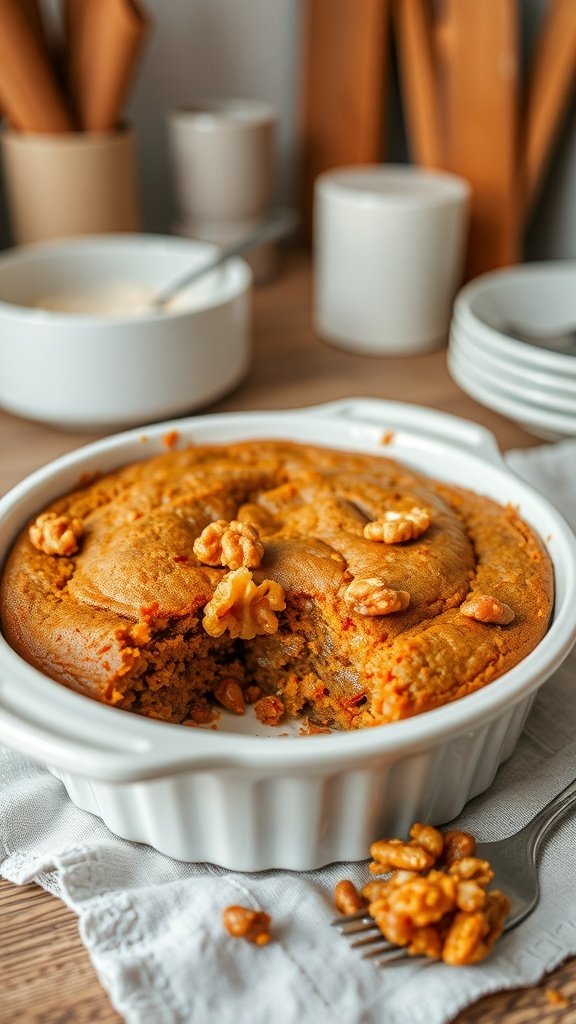 A freshly baked carrot cake with walnuts on top, served in a white dish.