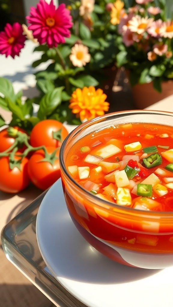 A bowl of gazpacho surrounded by fresh tomatoes and colorful flowers.