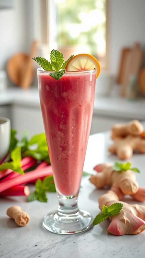 A refreshing rhubarb and ginger smoothie in a tall glass, garnished with mint and a lemon slice, with fresh rhubarb and ginger in the background.
