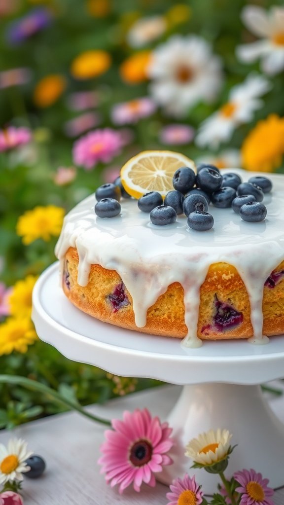 A beautifully decorated lemon blueberry cake surrounded by colorful flowers.