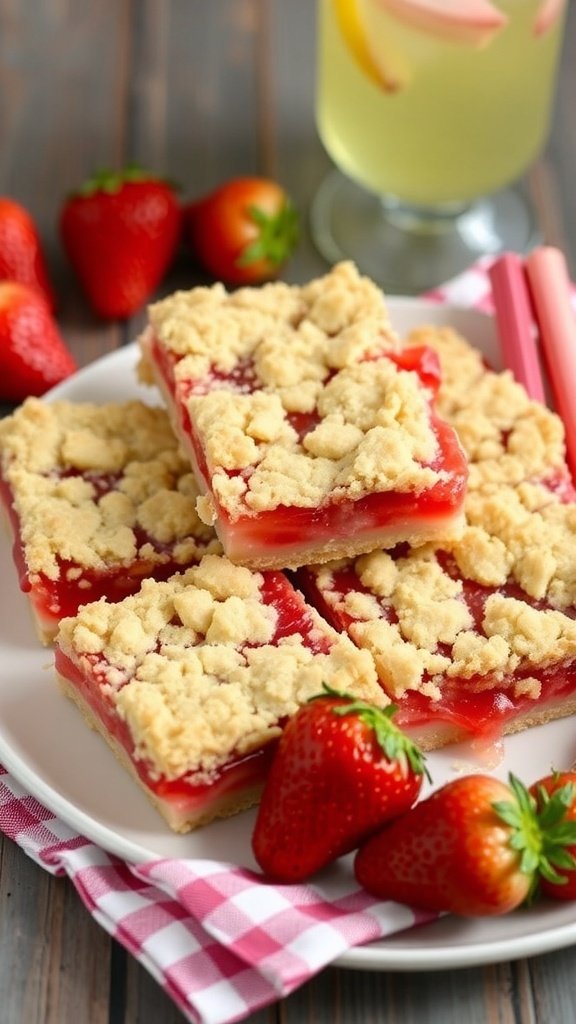 Strawberry rhubarb pie bars on a plate with fresh strawberries
