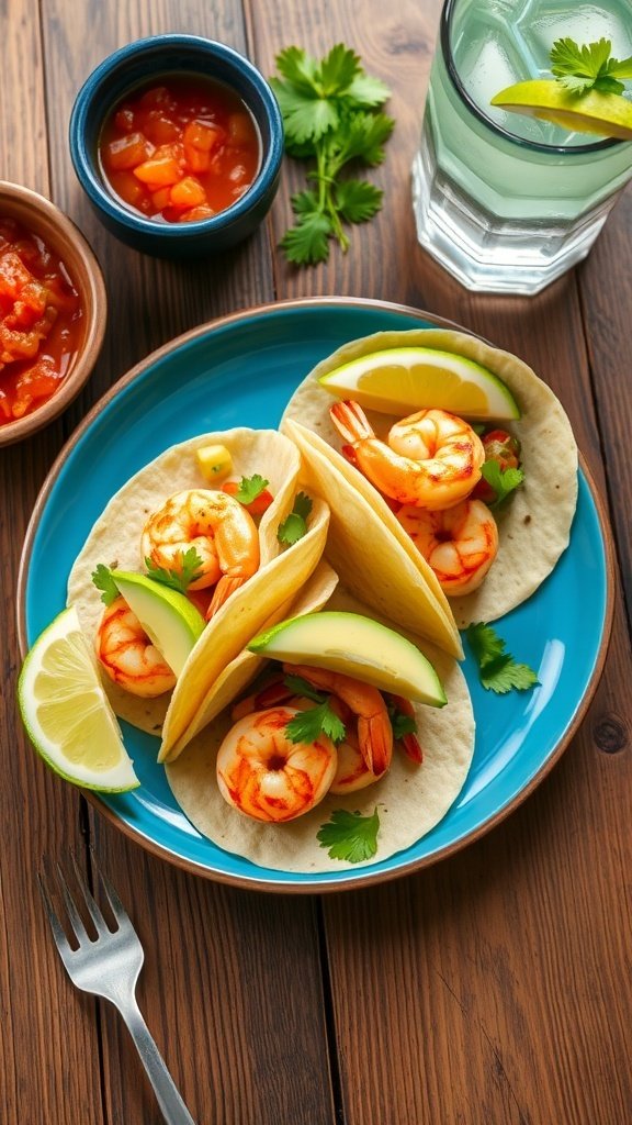Three shrimp tacos on a blue plate with avocado, cilantro, and lime, served with salsa and a drink.