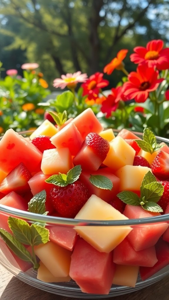 A bowl of sweet and spicy fruit salad with watermelon, cantaloupe, strawberries, and mint leaves.