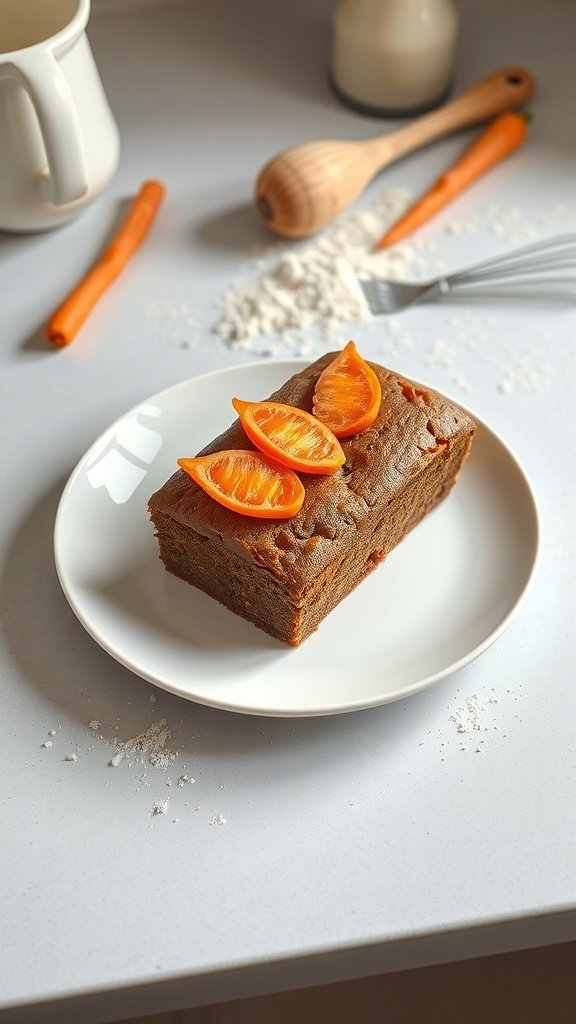 Nut-free carrot cake loaf topped with orange slices on a white plate