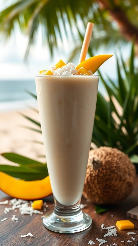 A creamy coconut mango smoothie topped with mango slices and shredded coconut, set against a tropical background.