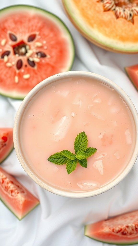 A bowl of chilled melon and mint soup surrounded by slices of watermelon and cantaloupe.