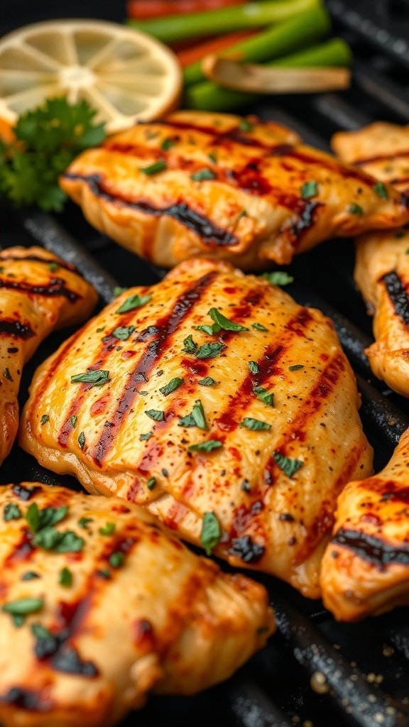 Grilled chicken breasts with herbs and lemon slices on a grill