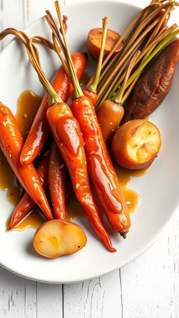 A plate of sweet maple-glazed carrots and potatoes, showcasing vibrant colors and a glossy finish.