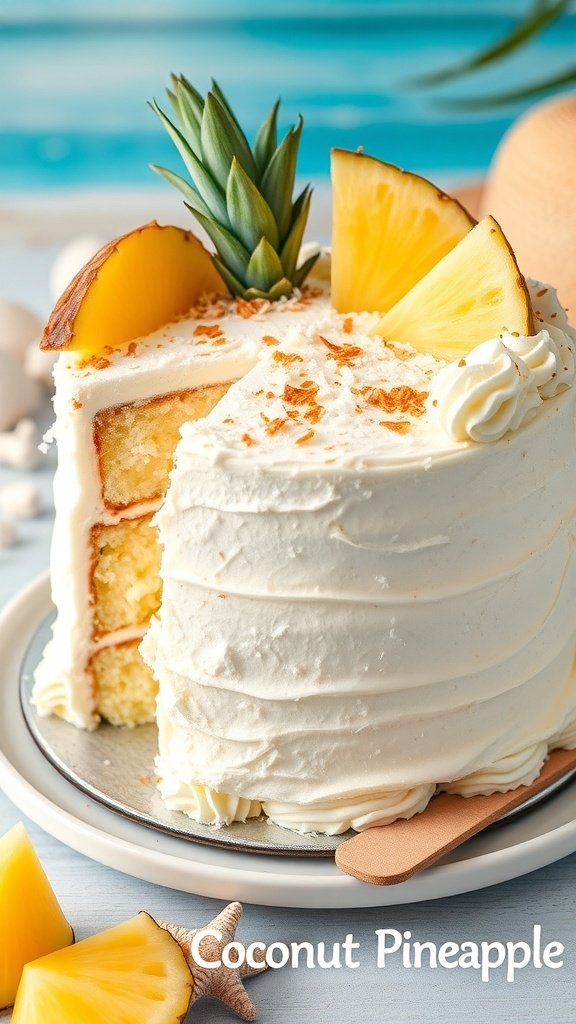 A delicious Tropical Coconut Pineapple Cake with layers of pineapple and coconut, topped with frosting and garnished with pineapple slices.