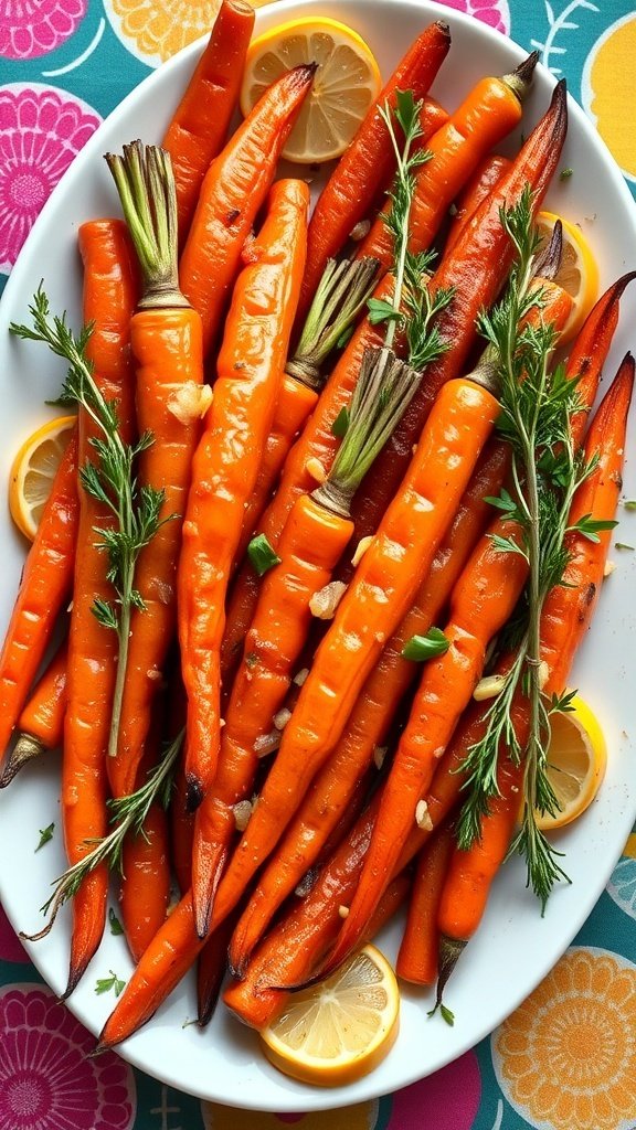 A platter of sweet and spicy ginger-glazed carrots garnished with parsley and lemon slices.