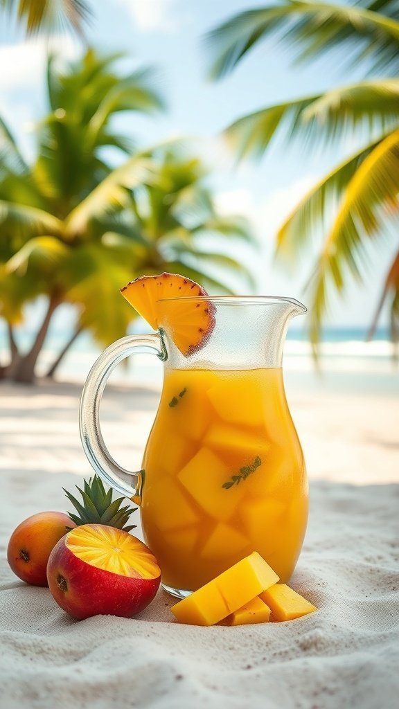 A pitcher of mango and pineapple sangria on a sandy beach with palm trees in the background.