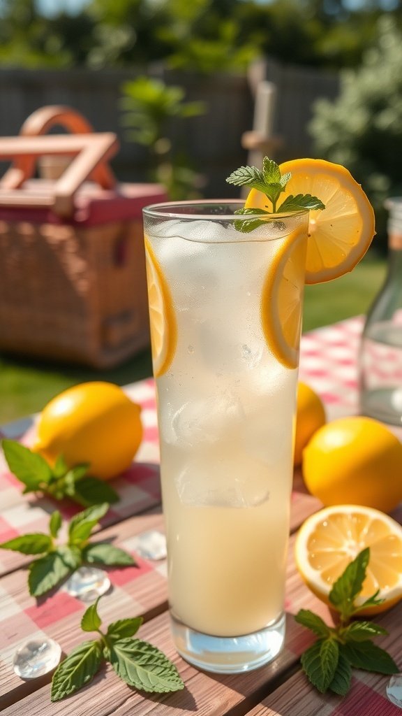 A refreshing glass of lemonade with lemon slices and mint leaves, set against a picnic backdrop.