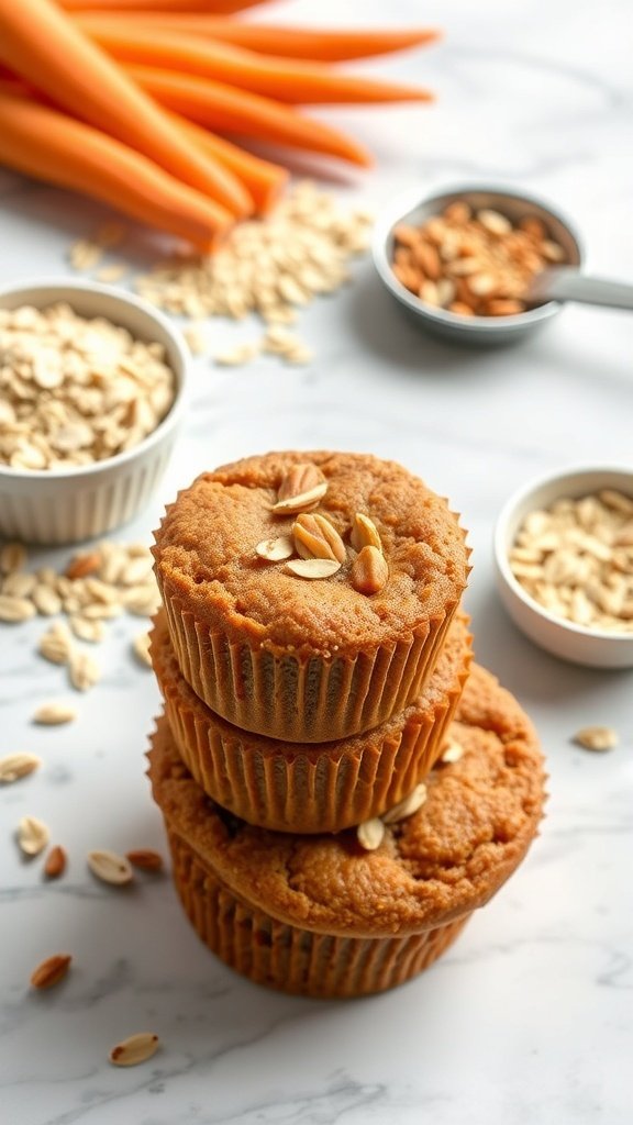 A stack of gluten-free carrot muffins with fresh carrots and oats in the background.