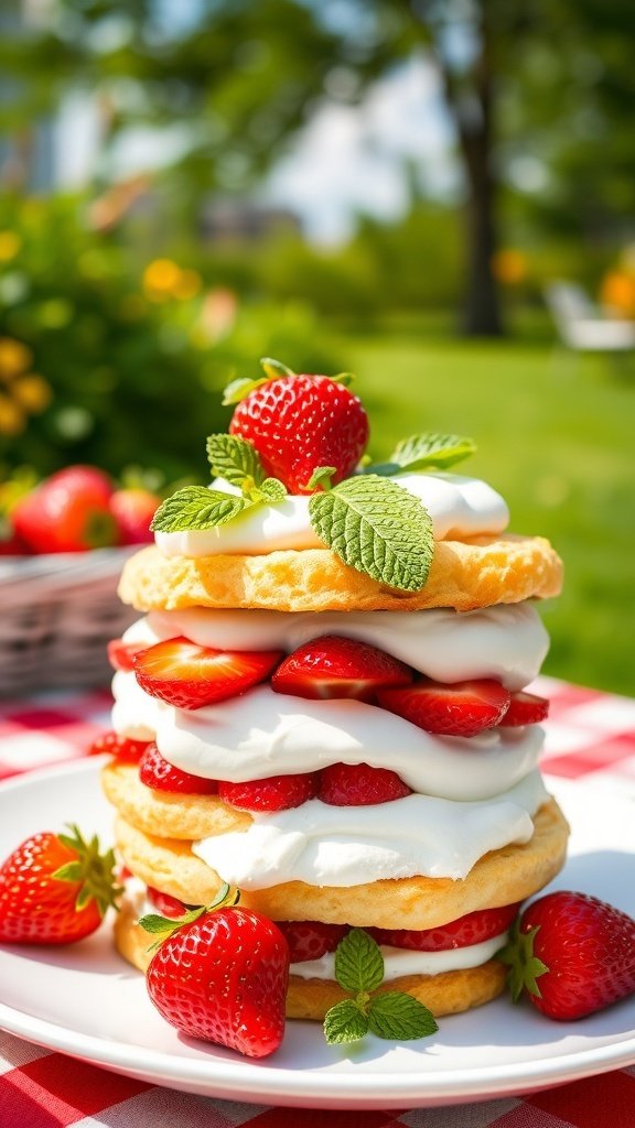 A tall strawberry shortcake with layers of whipped cream and fresh strawberries, garnished with mint leaves.