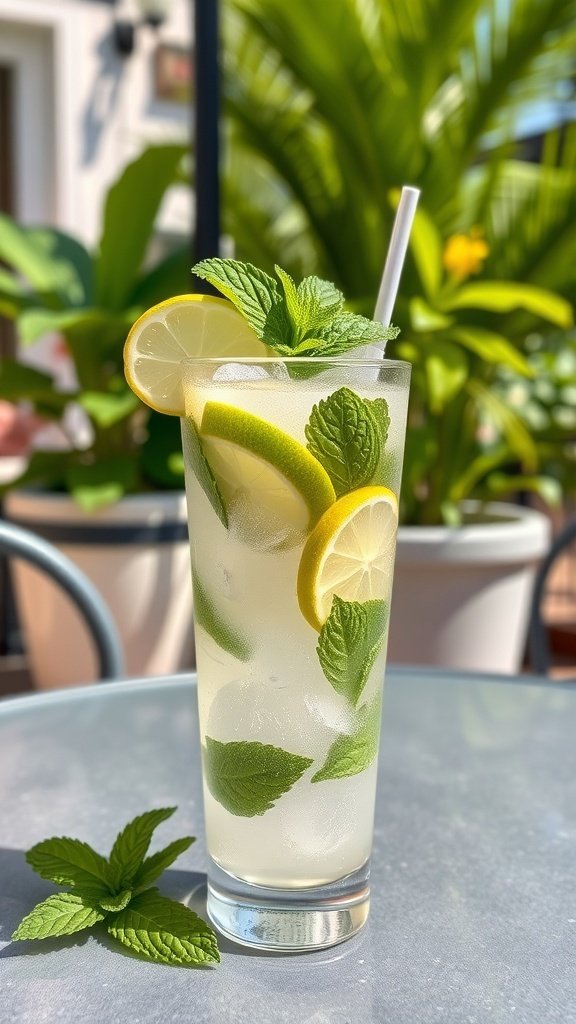 A refreshing virgin mojito with mint and lime slices in a tall glass