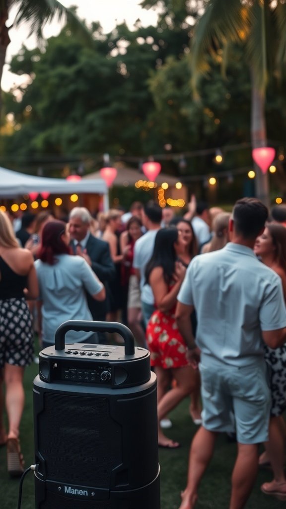 A lively summer party scene with a portable speaker in the foreground and guests dancing and socializing in the background.