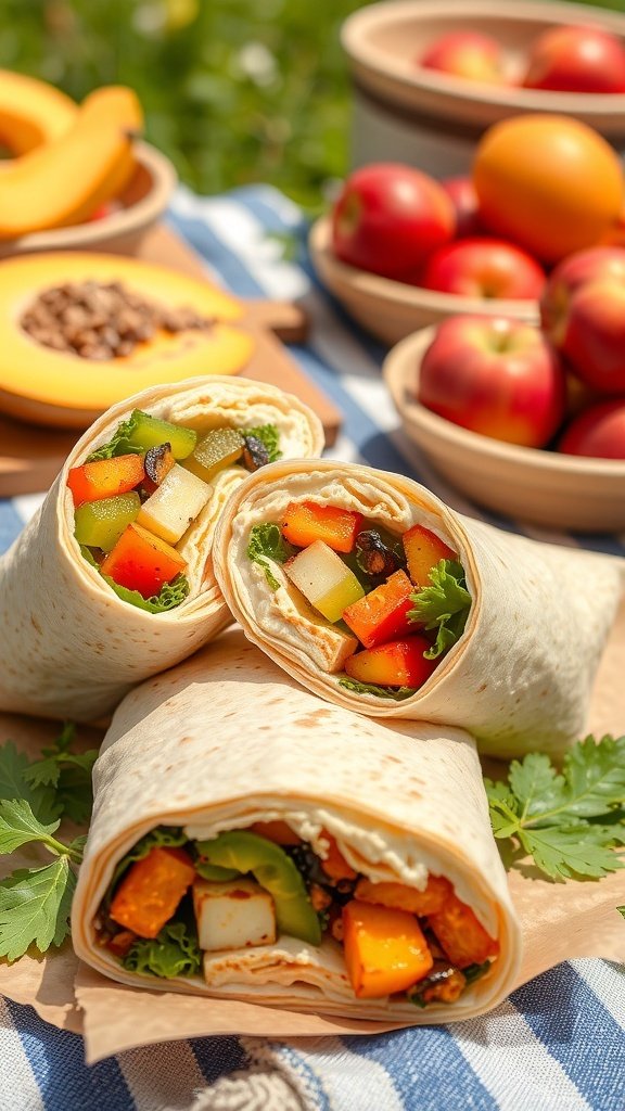 Grilled vegetable and hummus wraps with fresh fruits in the background.