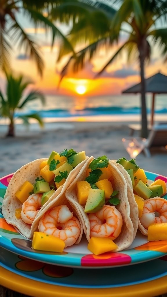 Shrimp tacos with mango salsa on a colorful plate, with a sunset beach background.